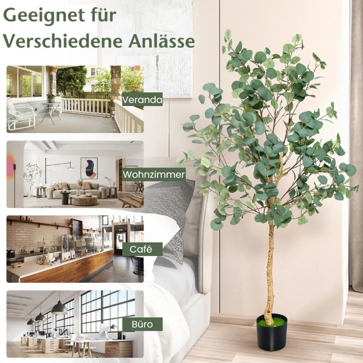 165 cm Kunstpflanze Deko Eukalyptusbaum mit Zementtopf Eukalyptus Zimmerpflanze