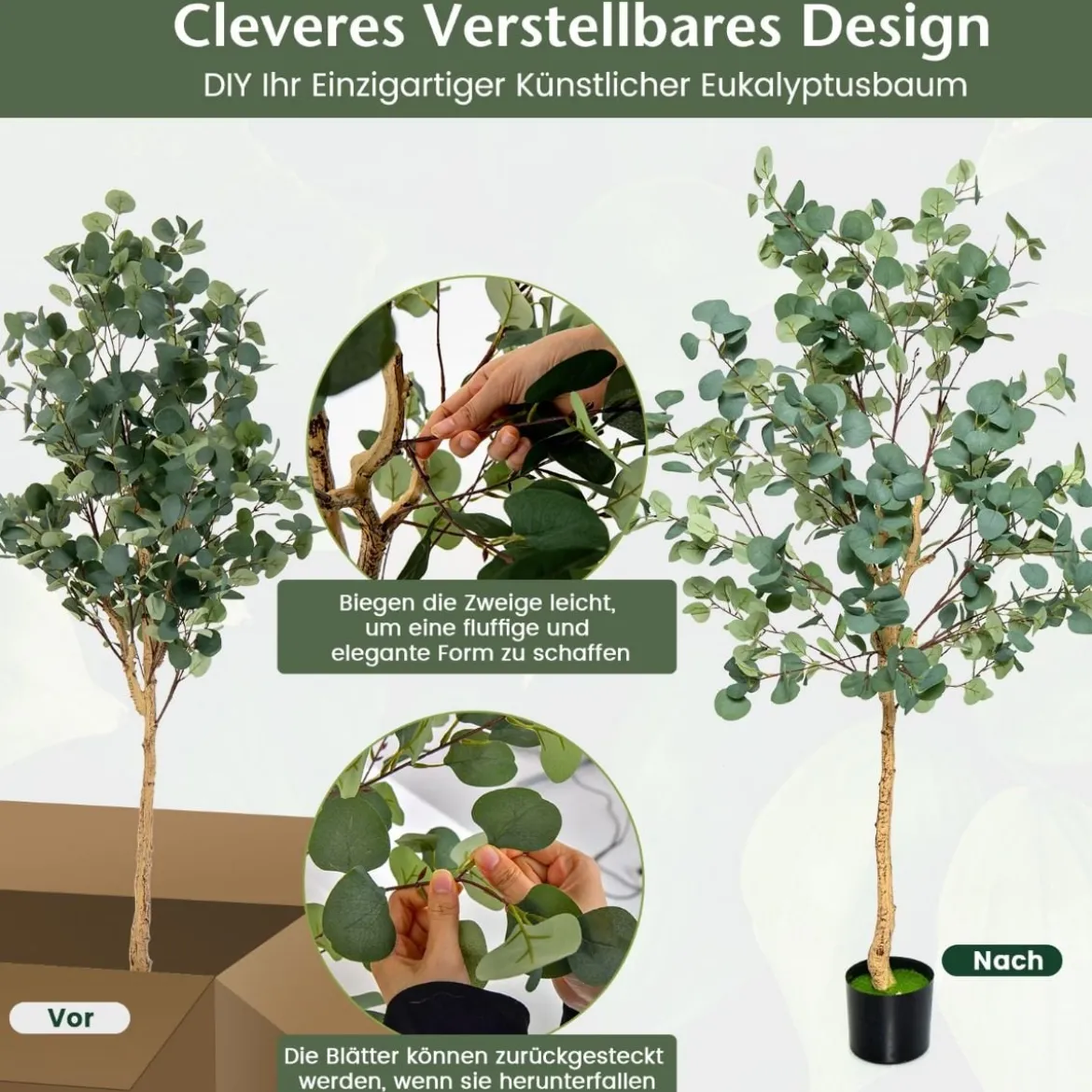 165 cm Kunstpflanze Deko Eukalyptusbaum mit Zementtopf Eukalyptus Zimmerpflanze
