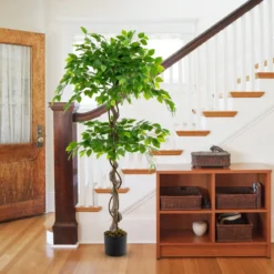 150 cm Kunstpflanze Ficus Benjamin mit Natürlichem Holzstamm & Blättern Künstliche Pflanze Grün