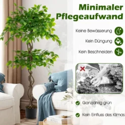 150 cm Kunstpflanze Ficus Benjamin mit Natürlichem Holzstamm & Blättern Künstliche Pflanze Grün
