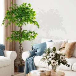 150 cm Kunstpflanze Ficus Benjamin mit Natürlichem Holzstamm & Blättern Künstliche Pflanze Grün