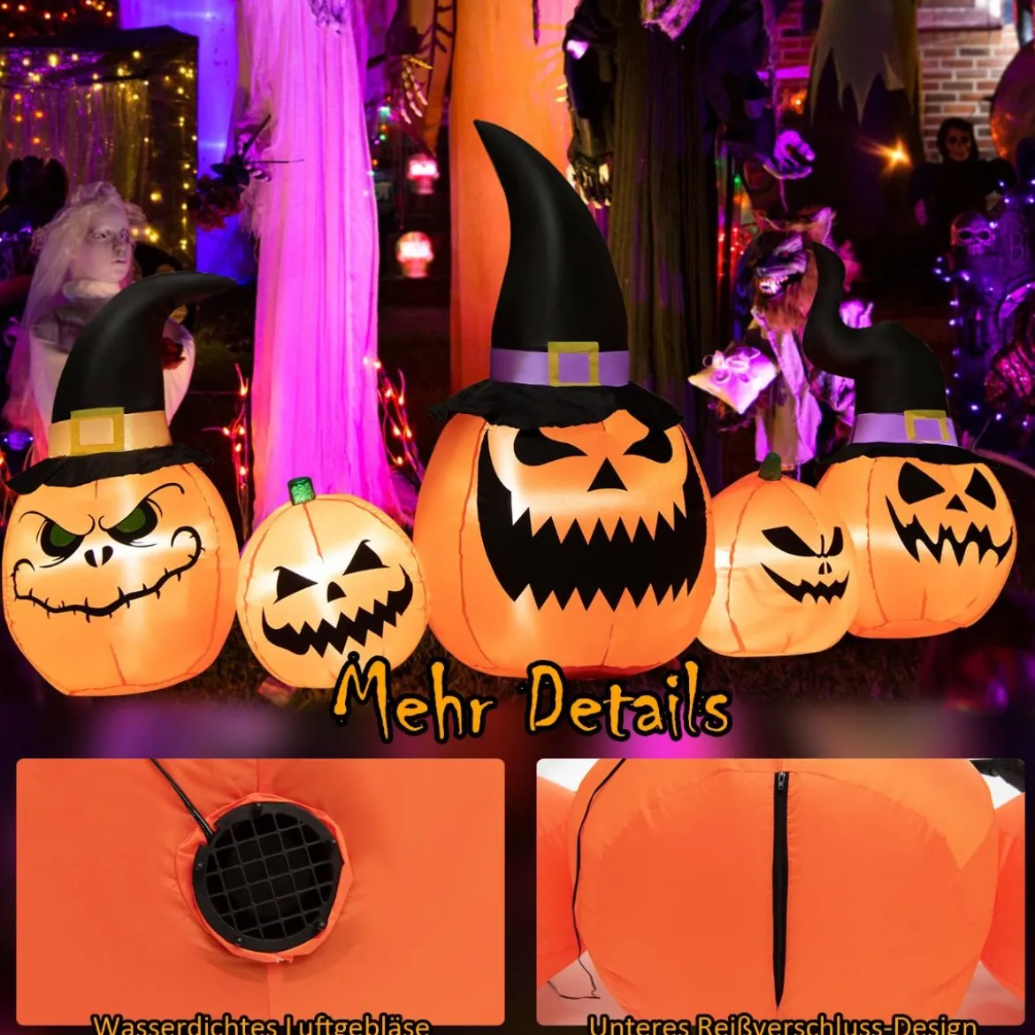 245 cm Lange Aufblasbare Kürbisfamilie Halloween-Hofdekoration mit LED-Leuchten