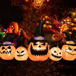 245 cm Lange Aufblasbare Kürbisfamilie Halloween-Hofdekoration mit LED-Leuchten