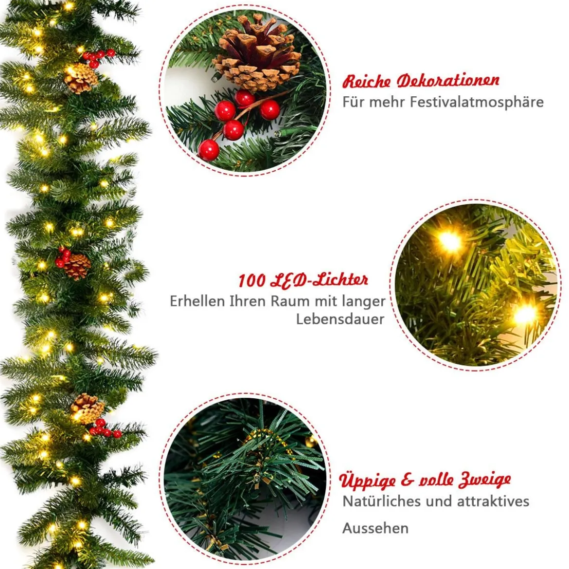 270 cm lange beleuchtete Weihnachts-Girlande Künstliche Weihnachtsgirlande Tannengirlande Grün