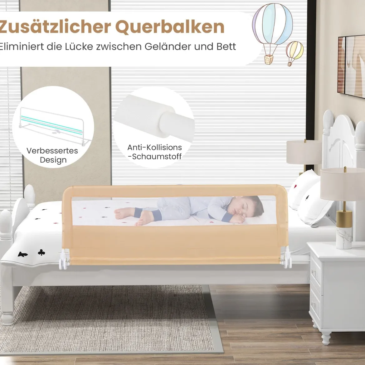 150 cm Lange Bettgitter für Kleinkinder faltbares Baby-Bettgitter mit abnehmbarem Bezug atmungsaktives Netz Beige