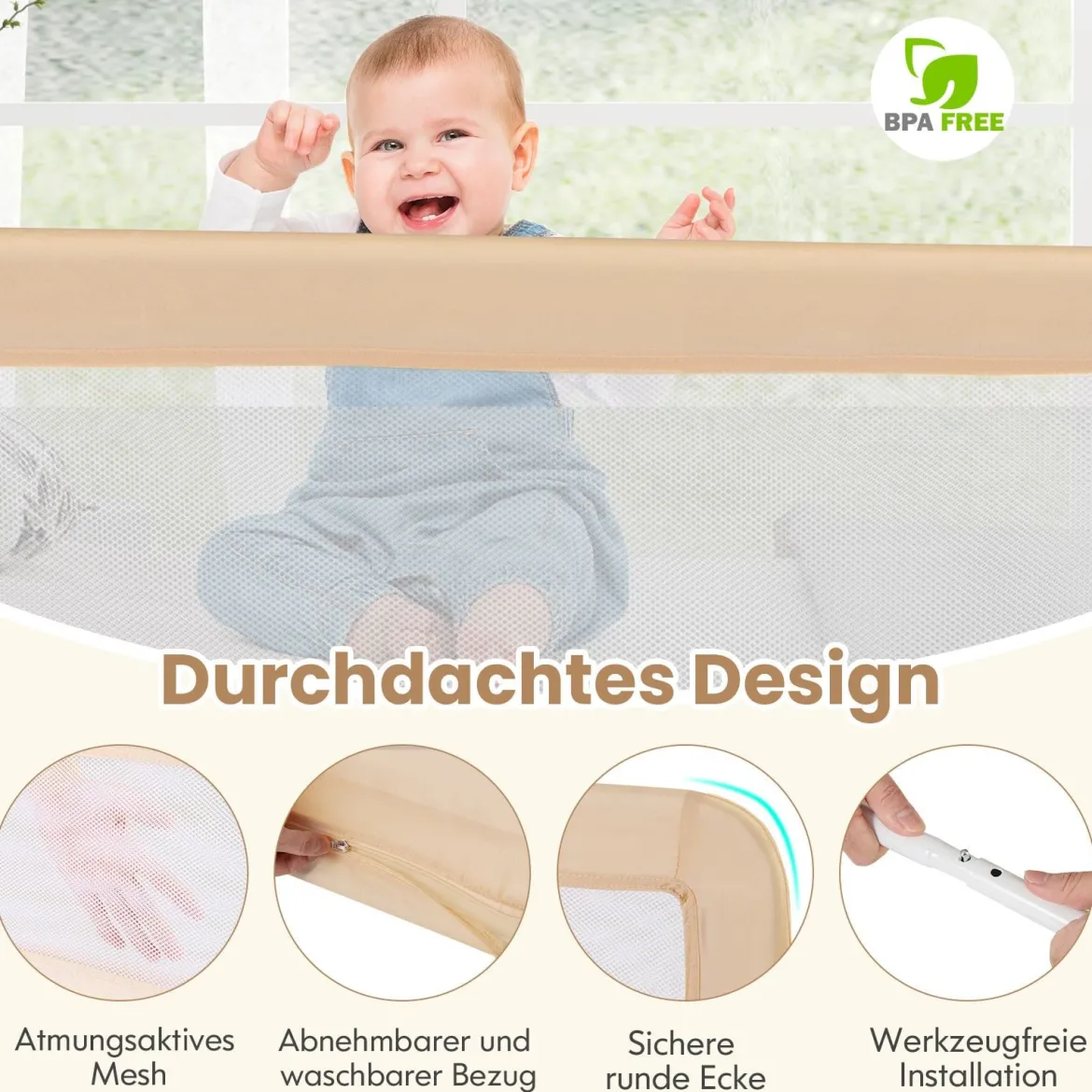 150 cm Lange Bettgitter für Kleinkinder faltbares Baby-Bettgitter mit abnehmbarem Bezug atmungsaktives Netz Beige