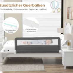 150 cm Lange Bettgitter für Kleinkinder faltbares Baby-Bettgitter mit abnehmbarem Bezug Grau