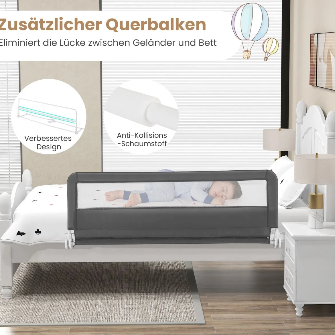 150 cm Lange Bettgitter für Kleinkinder faltbares Baby-Bettgitter mit abnehmbarem Bezug Grau