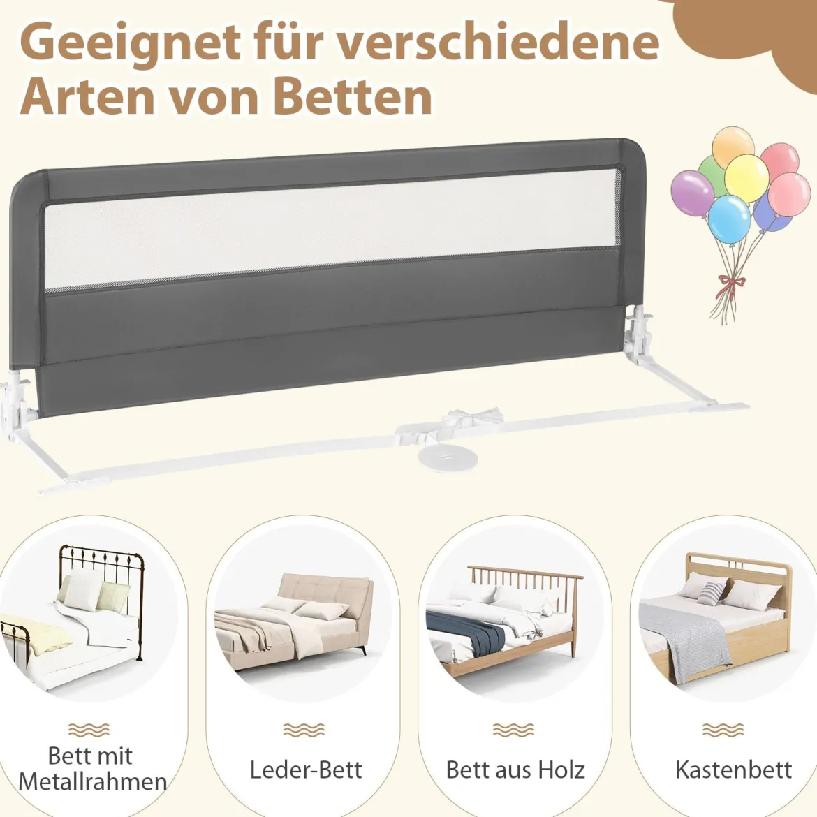 150 cm Lange Bettgitter für Kleinkinder faltbares Baby-Bettgitter mit abnehmbarem Bezug Grau