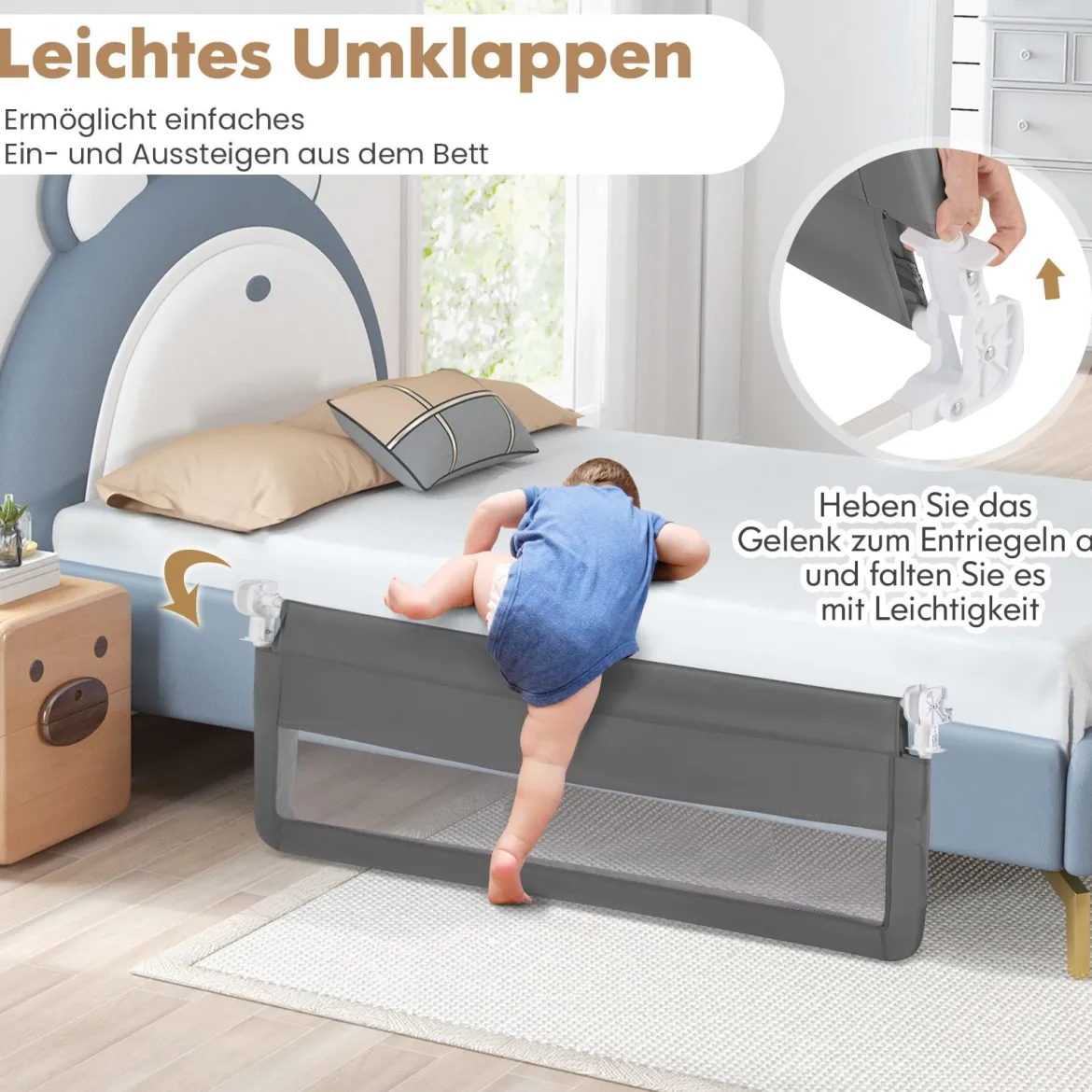 150 cm Lange Bettgitter für Kleinkinder faltbares Baby-Bettgitter mit abnehmbarem Bezug Grau