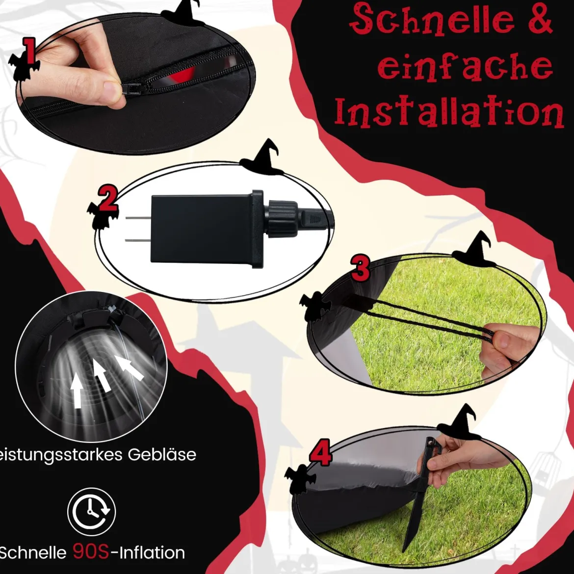313 cm lange Halloween aufblasbare Spinne gruselige Spinnendekoration mit roten Tunnellicht-Augen & LED-Leuchte