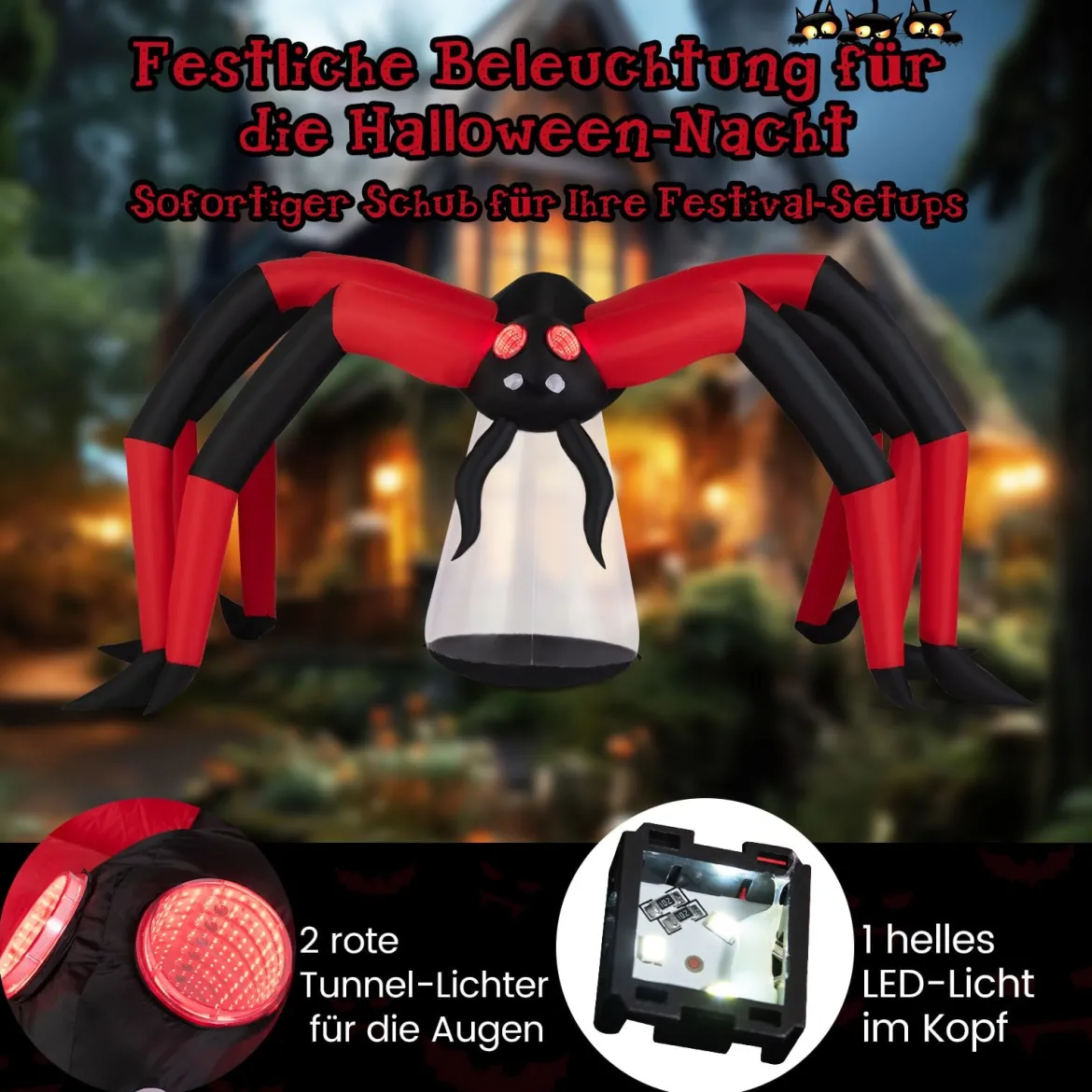 313 cm lange Halloween aufblasbare Spinne gruselige Spinnendekoration mit roten Tunnellicht-Augen & LED-Leuchte