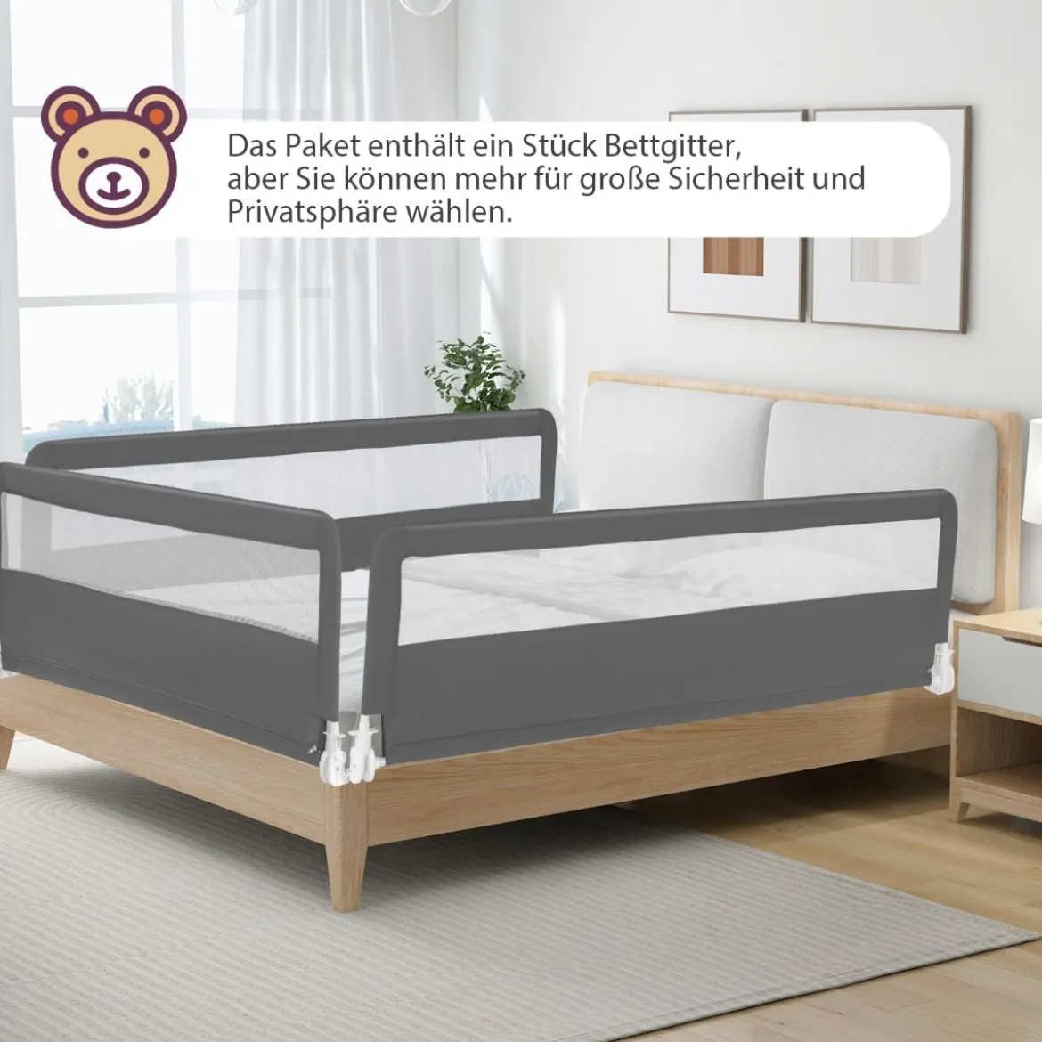 180 cm Lange Klappbares Bettgitter mit Sicherheitsgurten 180° Faltbar Grau