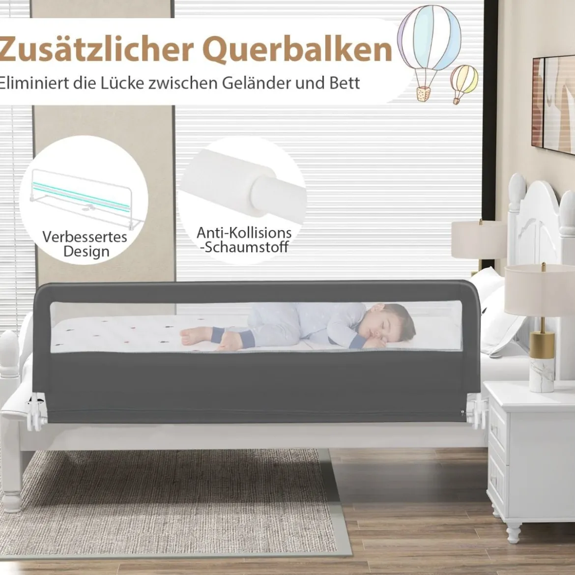 180 cm Lange Klappbares Bettgitter mit Sicherheitsgurten 180° Faltbar Grau
