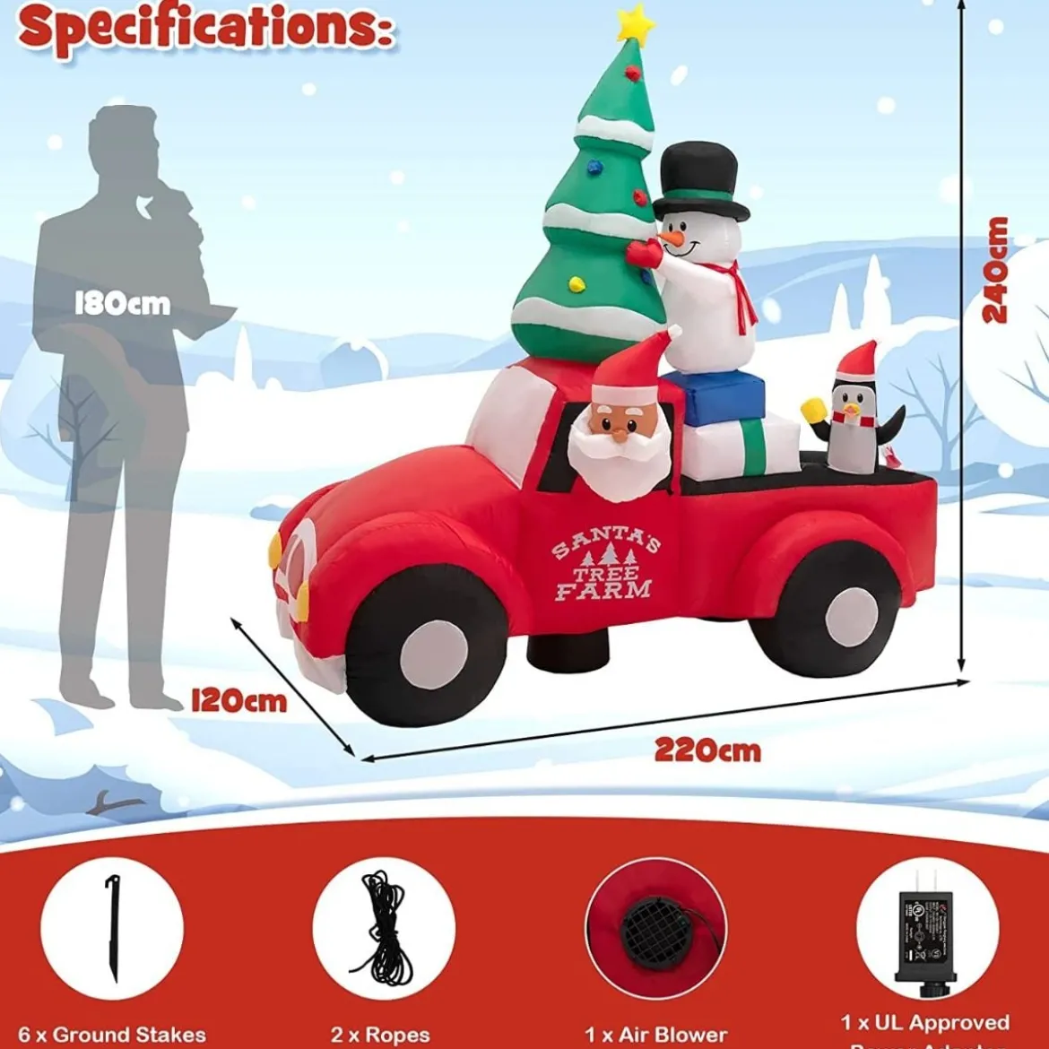 220 cm Langer Aufblasbarer Weihnachtstruck mit Weihnachtsmann Weihnachtsdekoration Bunt