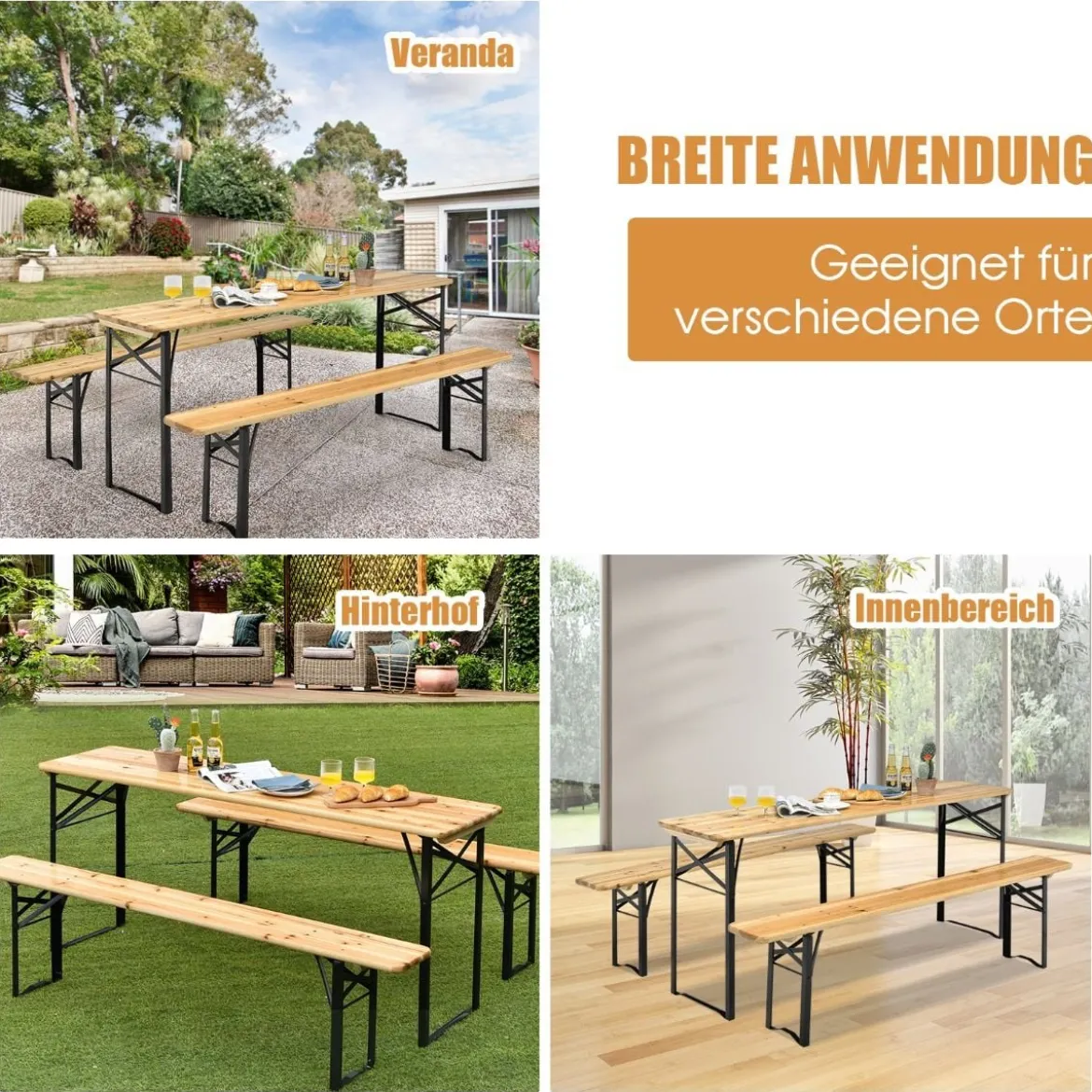 178 cm Langer Biertisch mit Sitzgarnitur 3-Teiliges Klappbares Picknicktisch- und Bank-Set