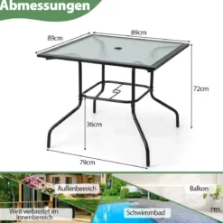 89 cm langer & breiter Terrassentisch mit 38 mm Schirmloch & Tischplatte Schwarz