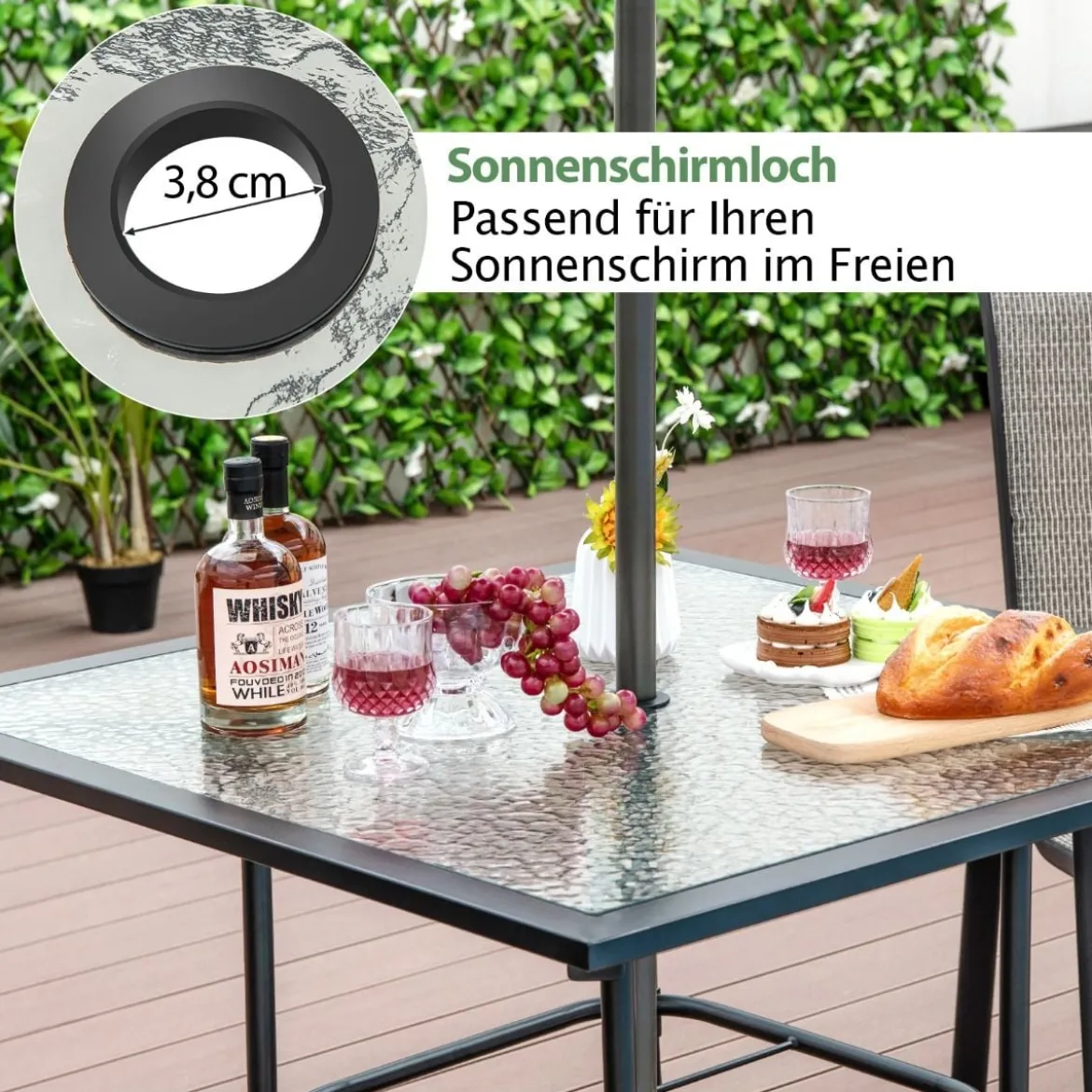 89 cm langer & breiter Terrassentisch mit 38 mm Schirmloch & Tischplatte Schwarz