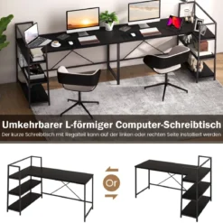 148 cm langer L-förmiger Computertisch mit offenen Ablagen platzsparender Schreibtisch zum moderner Arbeitsplatz Schwarz