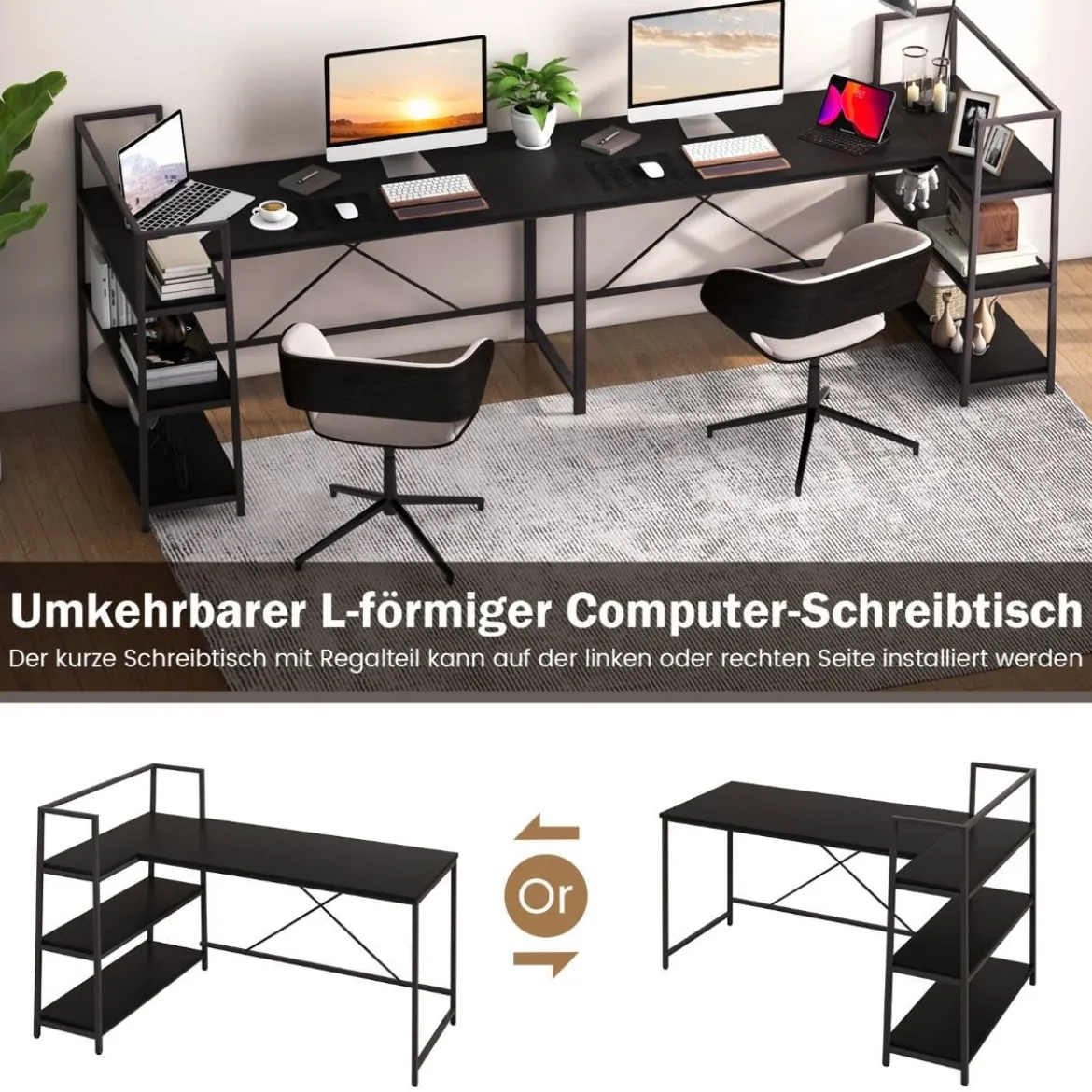 148 cm langer L-förmiger Computertisch mit offenen Ablagen platzsparender Schreibtisch zum moderner Arbeitsplatz Schwarz