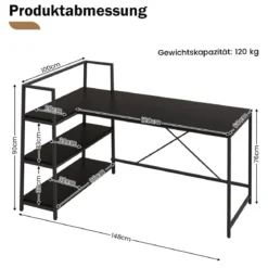 148 cm langer L-förmiger Computertisch mit offenen Ablagen platzsparender Schreibtisch zum moderner Arbeitsplatz Schwarz