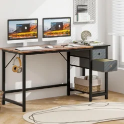 140 cm Langer Schreibtisch mit 2 Schubladen & Kopfhörerhaken & Ablagefach Computertisch