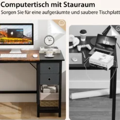 140 cm Langer Schreibtisch mit 2 Schubladen & Kopfhörerhaken & Ablagefach Computertisch