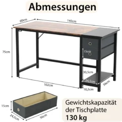140 cm Langer Schreibtisch mit 2 Schubladen & Kopfhörerhaken & Ablagefach Computertisch