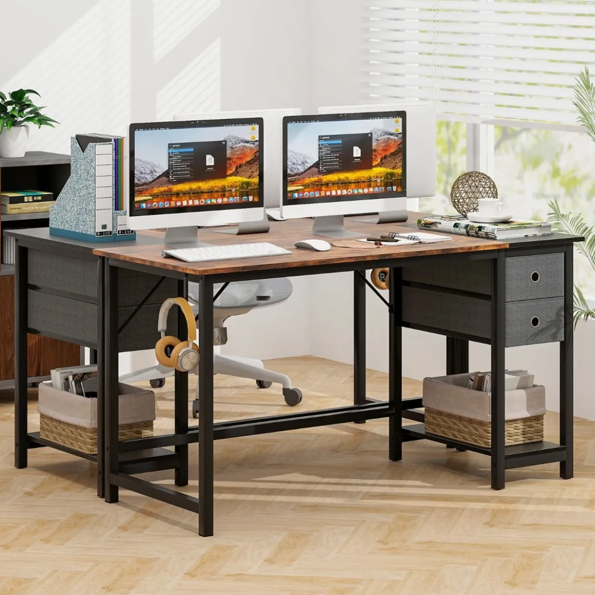 140 cm Langer Schreibtisch mit 2 Schubladen & Kopfhörerhaken & Ablagefach Computertisch