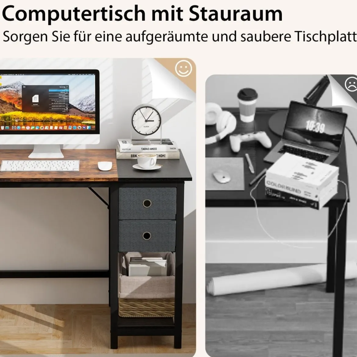 120 cm Langer Schreibtisch mit 2 Schubladen & Kopfhörerhaken & Ablagefach Computertisch