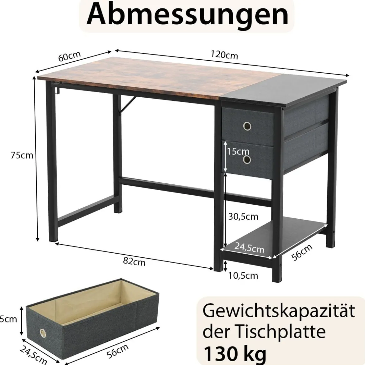 120 cm Langer Schreibtisch mit 2 Schubladen & Kopfhörerhaken & Ablagefach Computertisch