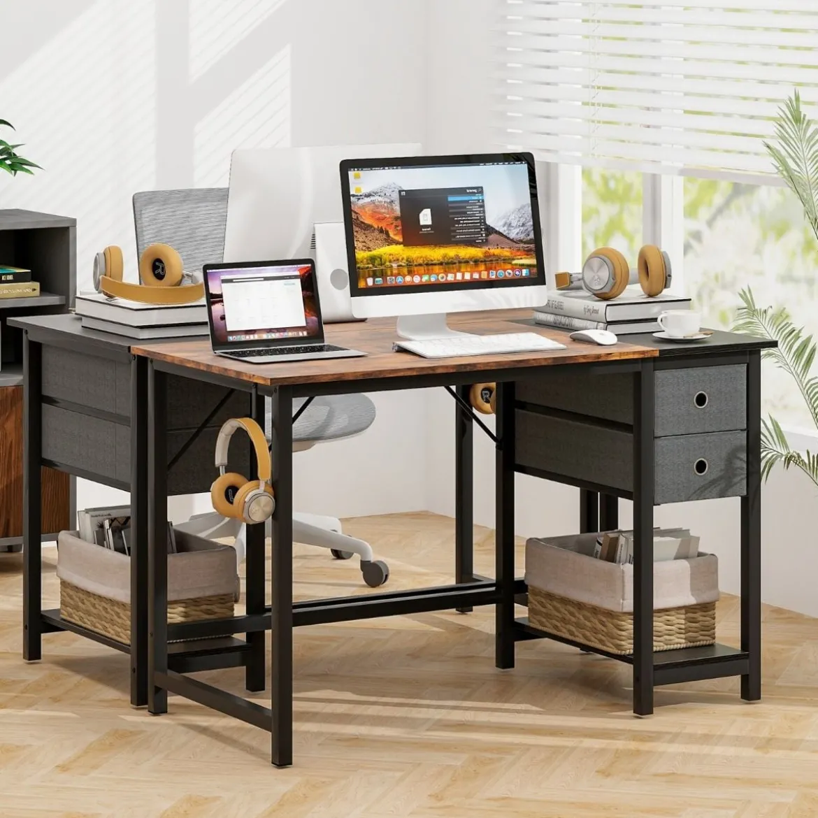 120 cm Langer Schreibtisch mit 2 Schubladen & Kopfhörerhaken & Ablagefach Computertisch