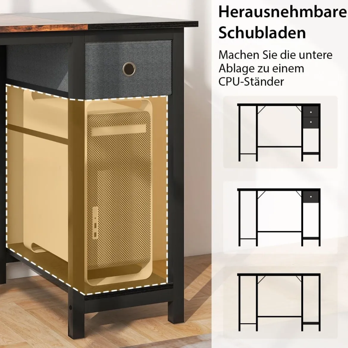 120 cm Langer Schreibtisch mit 2 Schubladen & Kopfhörerhaken & Ablagefach Computertisch