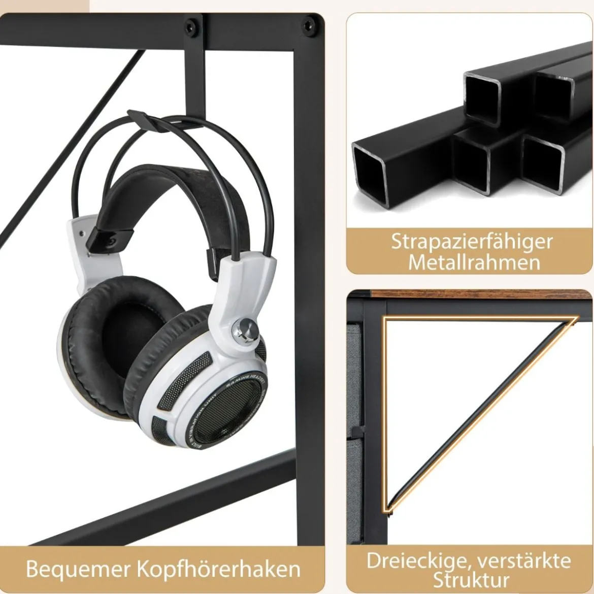 120 cm Langer Schreibtisch mit 2 Schubladen & Kopfhörerhaken & Ablagefach Computertisch