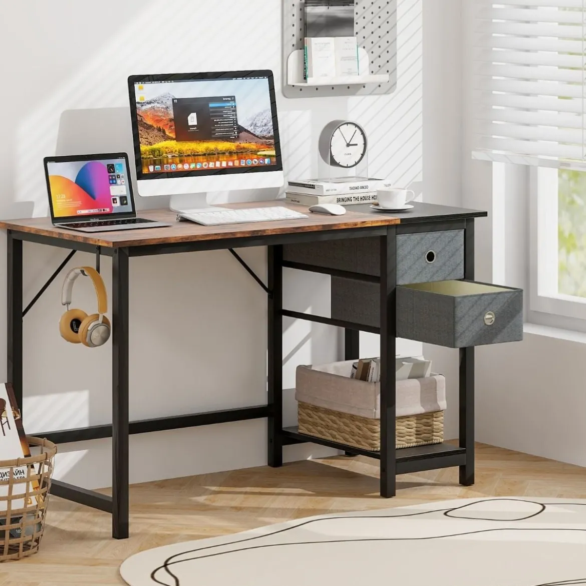 120 cm Langer Schreibtisch mit 2 Schubladen & Kopfhörerhaken & Ablagefach Computertisch