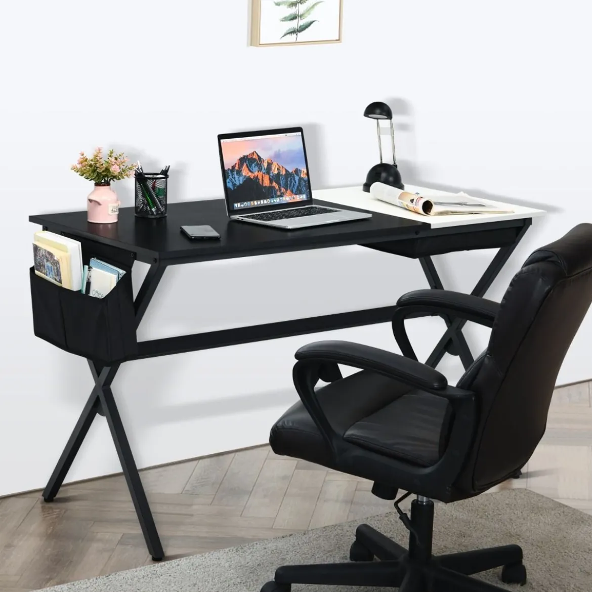 120 cm langer Schreibtisch mit Würfelschublade & Seitentasche Computertisch Schwarz+ Weiß