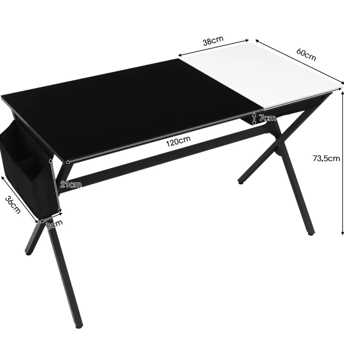120 cm langer Schreibtisch mit Würfelschublade & Seitentasche Computertisch Schwarz+ Weiß