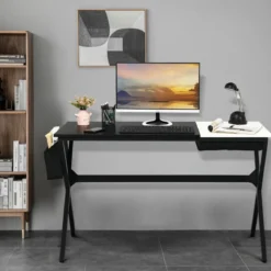 120 cm langer Schreibtisch mit Würfelschublade & Seitentasche Computertisch Schwarz+ Weiß