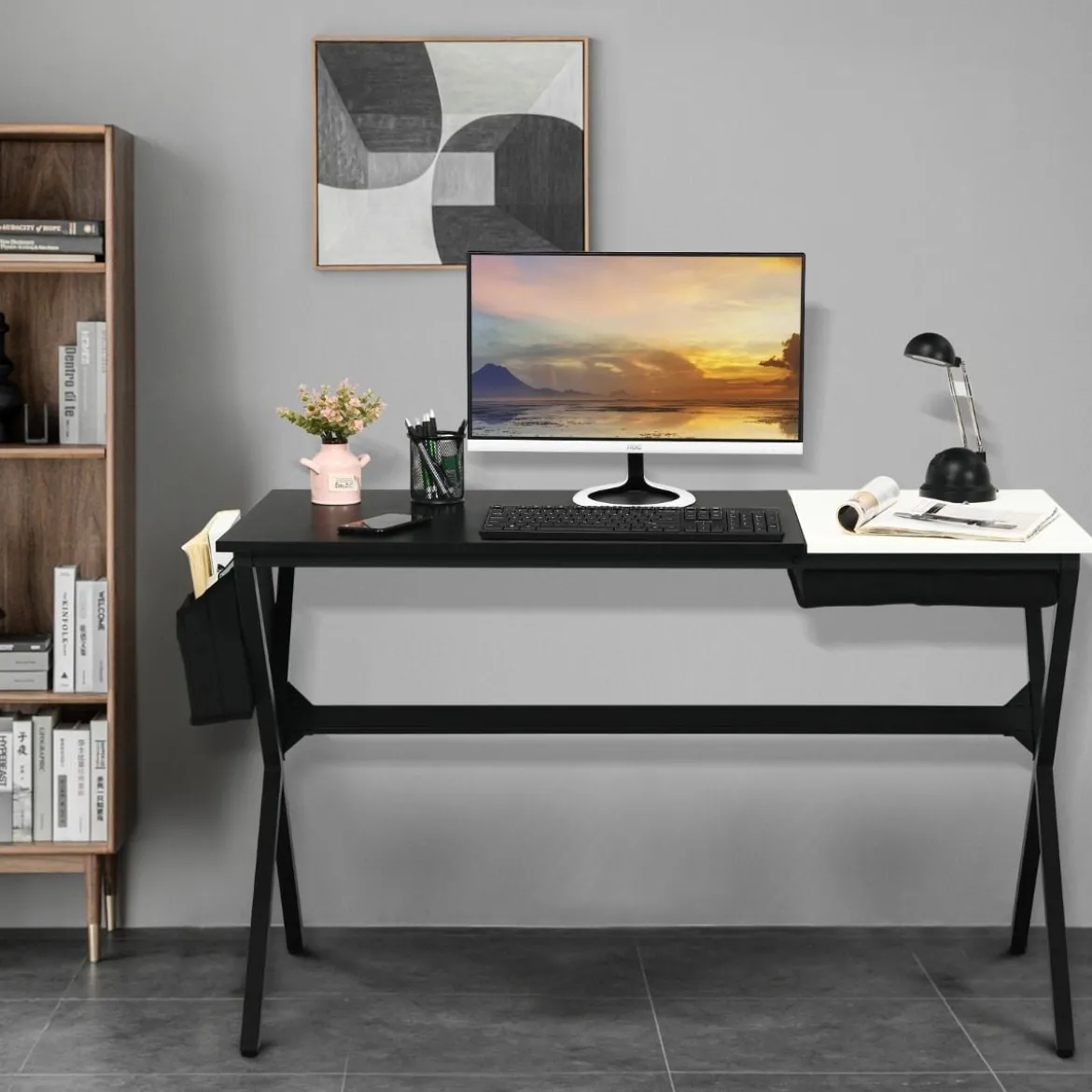 120 cm langer Schreibtisch mit Würfelschublade & Seitentasche Computertisch Schwarz+ Weiß