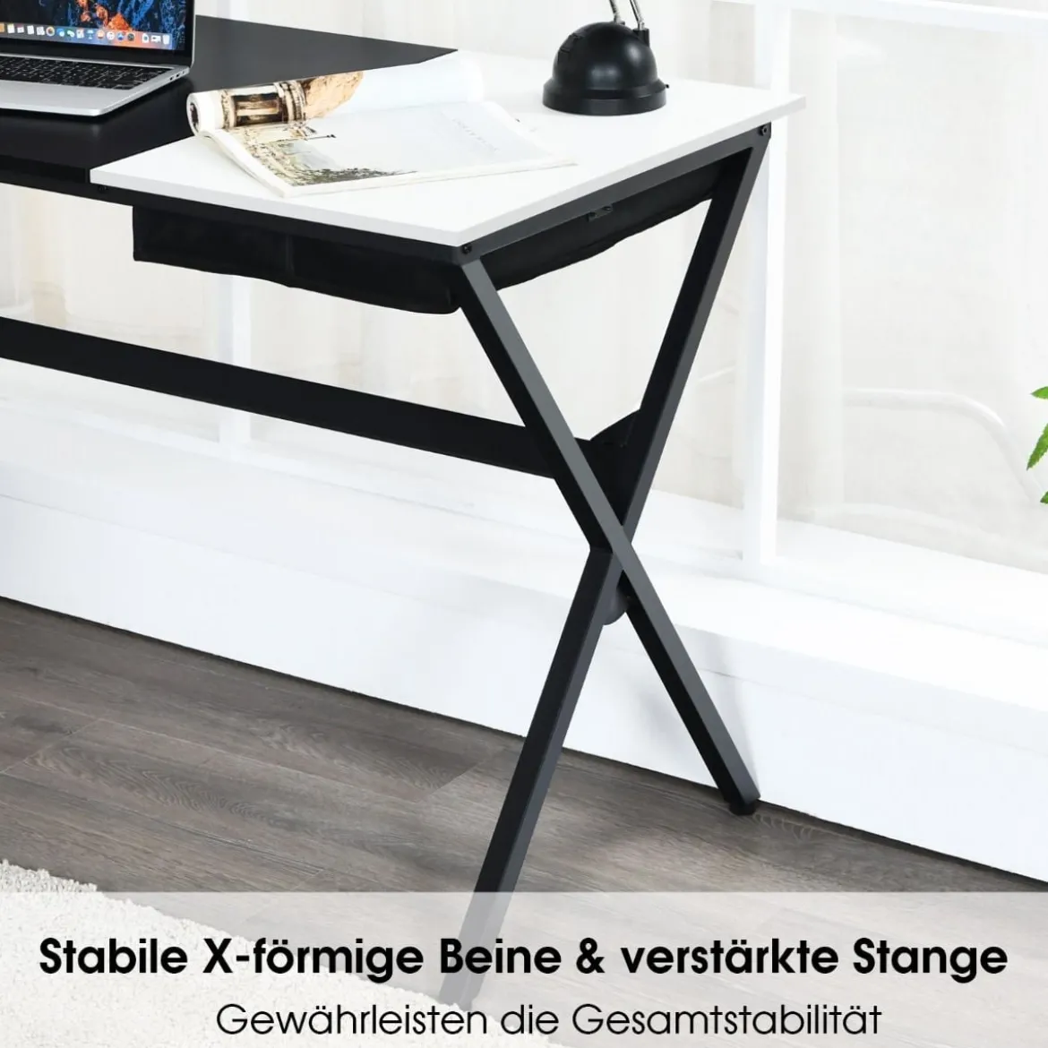 120 cm langer Schreibtisch mit Würfelschublade & Seitentasche Computertisch Schwarz+ Weiß