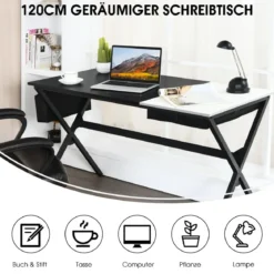120 cm langer Schreibtisch mit Würfelschublade & Seitentasche Computertisch Schwarz+ Weiß