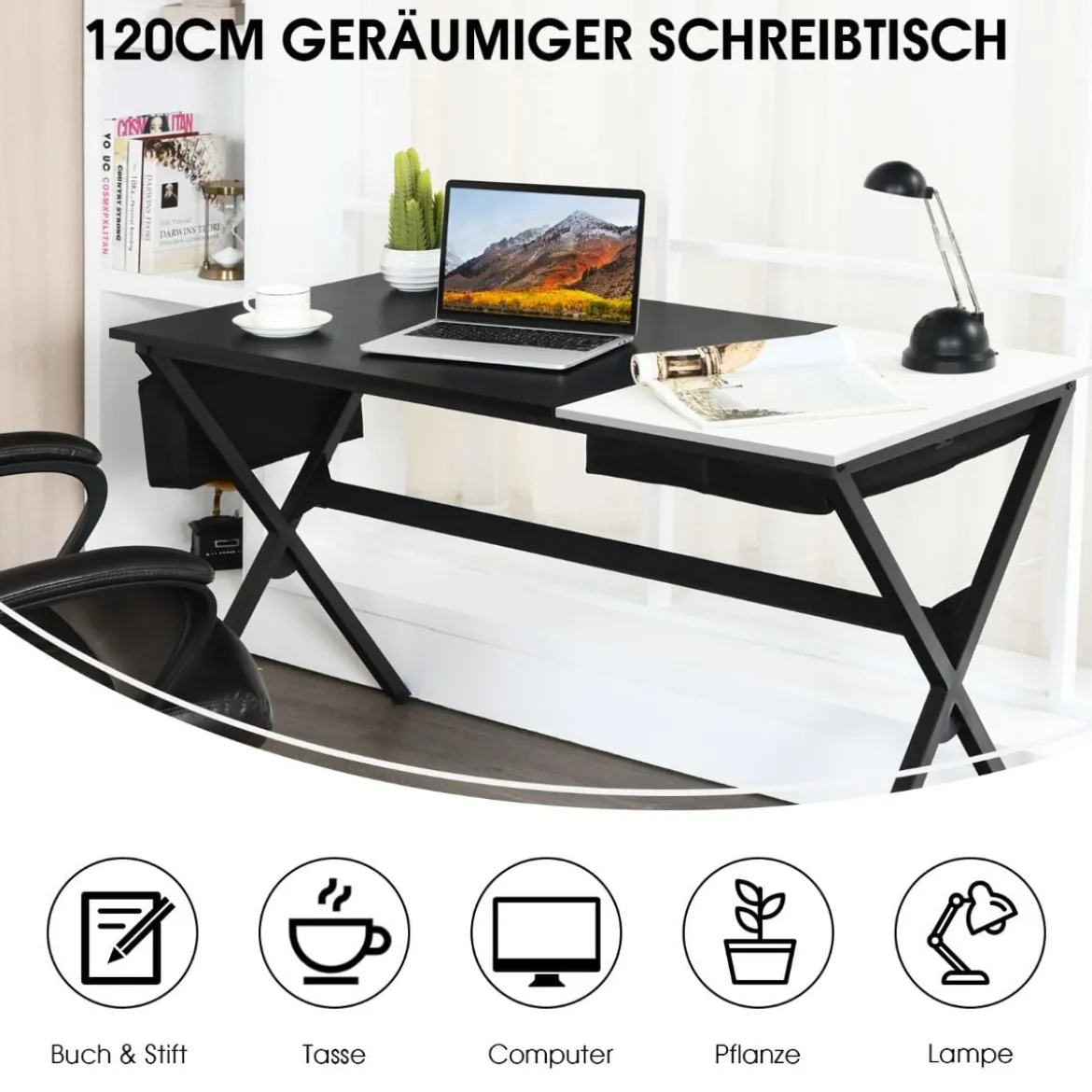120 cm langer Schreibtisch mit Würfelschublade & Seitentasche Computertisch Schwarz+ Weiß