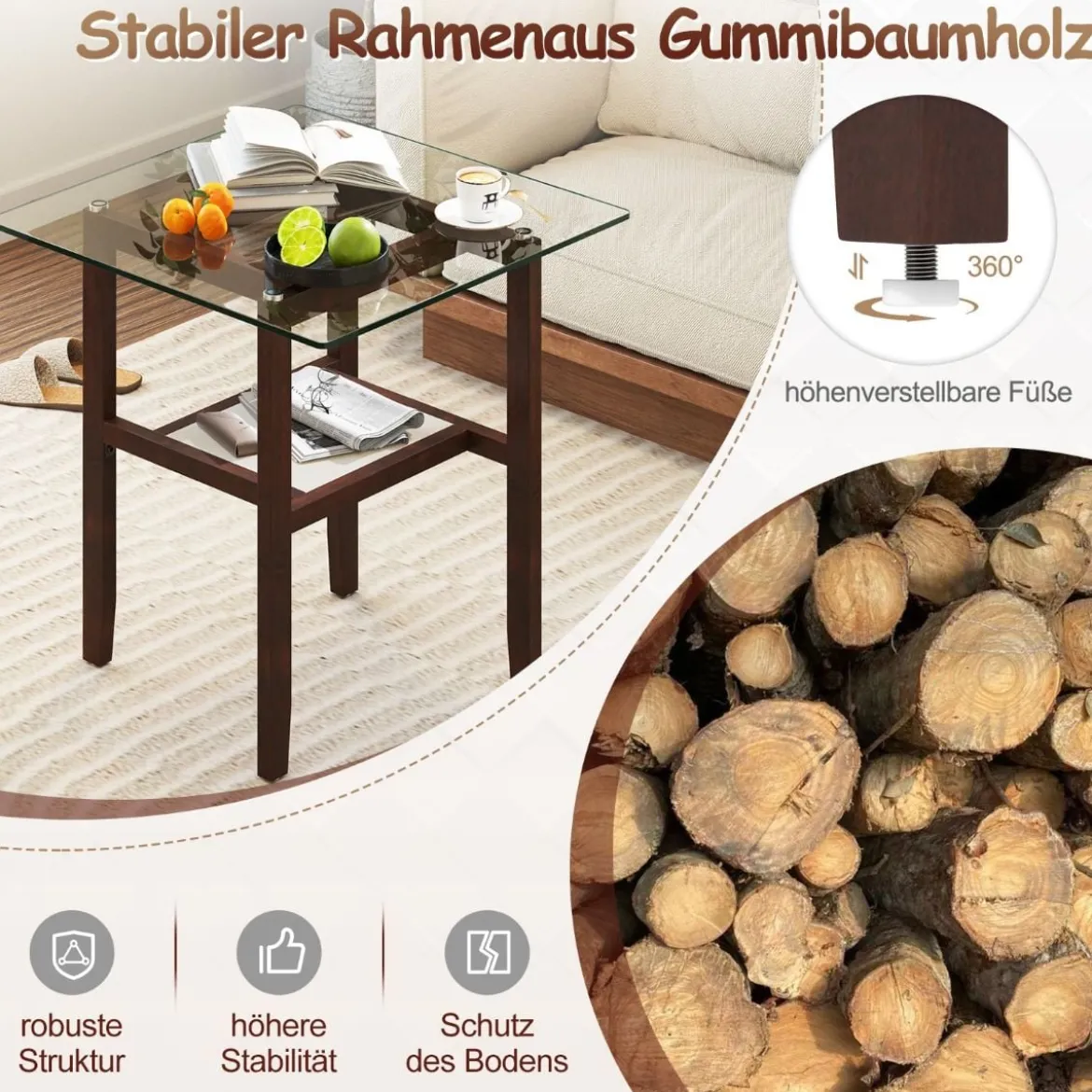 61 cm langer und breiter Beistelltisch aus Glas 2-stöckiger Glastisch mit Ablagefläche Braun