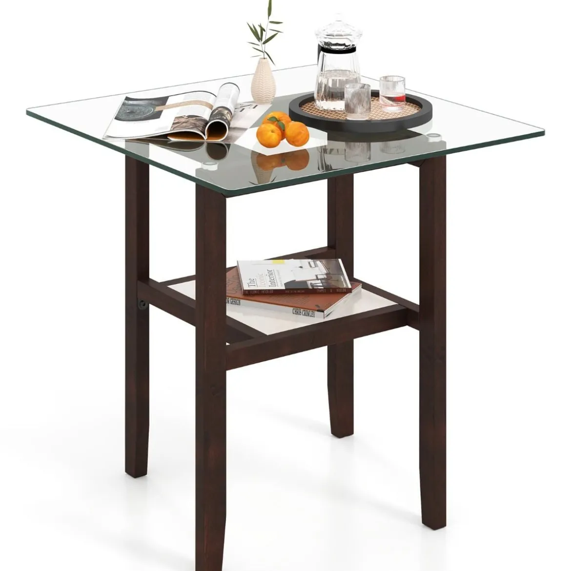 61 cm langer und breiter Beistelltisch aus Glas 2-stöckiger Glastisch mit Ablagefläche Braun