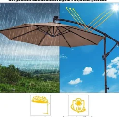 Ø 300cm LED Ampelschirm Sonnenschirm mit Solarlichtern Terrassenschirm für Garten Braun