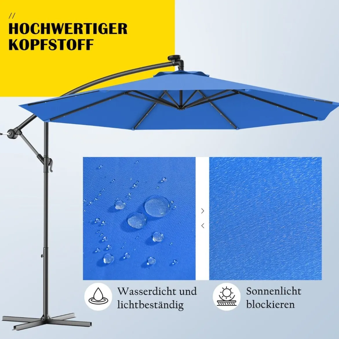Ø 300cm LED Ampelschirm Sonnenschirm mit Solarlichtern Terrassenschirm für Garten Blau