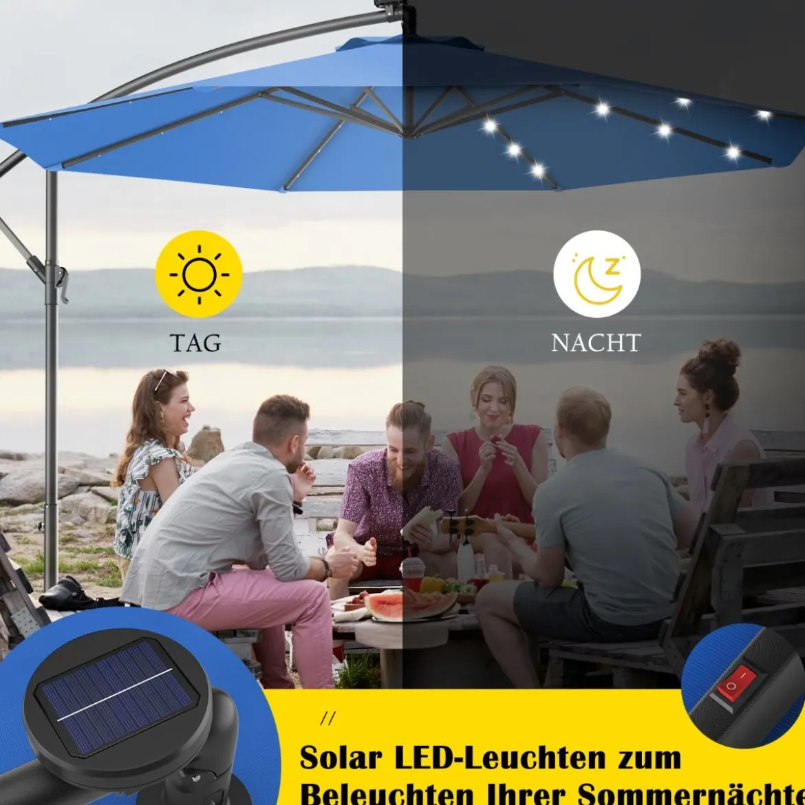 Ø 300cm LED Ampelschirm Sonnenschirm mit Solarlichtern Terrassenschirm für Garten Blau