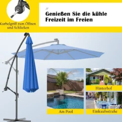 Ø 300cm LED Ampelschirm Sonnenschirm mit Solarlichtern Terrassenschirm für Garten Blau