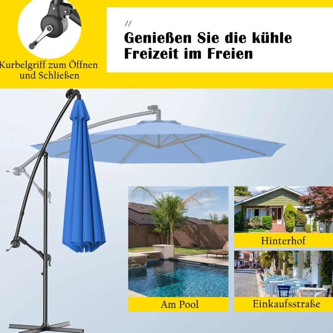 Ø 300cm LED Ampelschirm Sonnenschirm mit Solarlichtern Terrassenschirm für Garten Blau