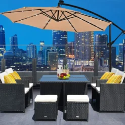 Ø 300cm LED Ampelschirm Strandschirm mit Solarlichtern Terrassenschirm für Garten Beige
